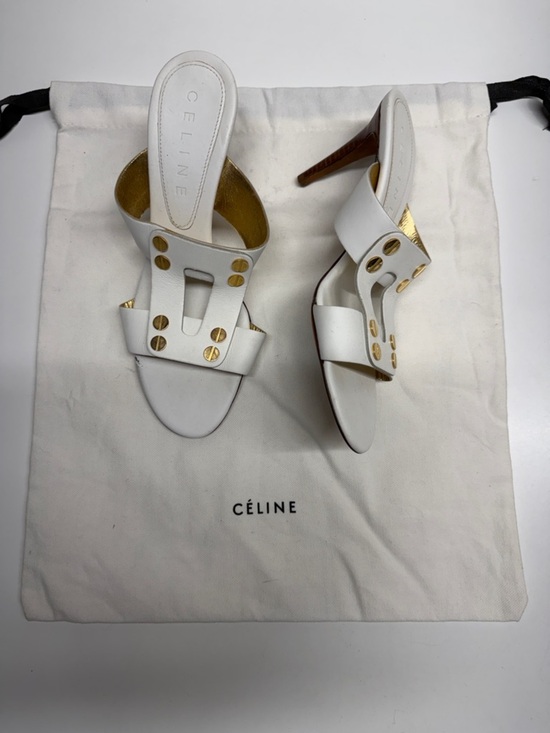 CELINE Shoes - Celine Triomphe Heels High Heel Shoes Open Toe Leather White Gold Studs Size 37